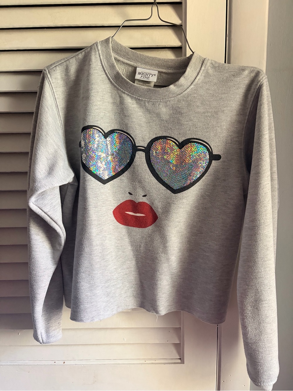 Mighty Fine Gray Sweatshirt with Holographic Heart Sunglasses & Red Lips